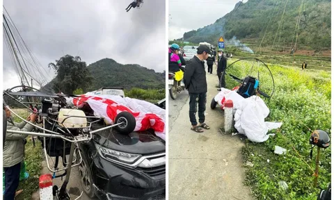 Dù lượn gặp sự cố tại Quản Bạ, rơi trúng ô tô làm vỡ kính chắn gió