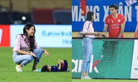 Doãn Hải My gặp cảnh "khó đỡ" khi đưa con trai đi xem Văn Hậu thi đấu nhưng visual xinh chấp góc cam