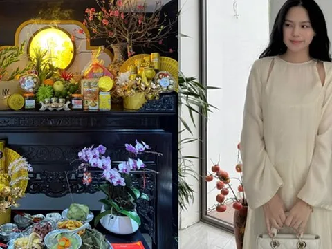 Cận cảnh ban thờ Tết "đủ đầy, sang xịn" trong căn biệt thự của vợ chồng Thành Chung - Ngô Tố Uyên
