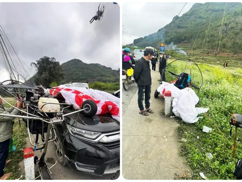 Dù lượn gặp sự cố tại Quản Bạ, rơi trúng ô tô làm vỡ kính chắn gió