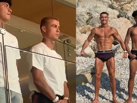 Ronaldo xuất hiện bảnh bao nhưng con trai mới chiếm "spotlight": 16 tuổi đã cao 1m85, màn cha con đọ cơ bắp cũng gây choáng